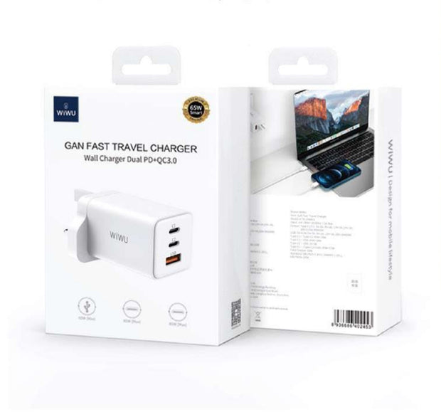 WIWU GAN FAST TRAVEL CHARGER UK 65W DUAL PD+QC3.0 - WHITE